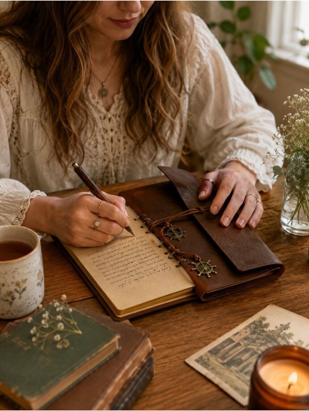 Brown Leather Journal with Nautical Charm Wrap Closure